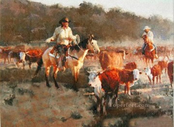  original Pintura al %C3%B3leo - cowheards en pradera occidental original